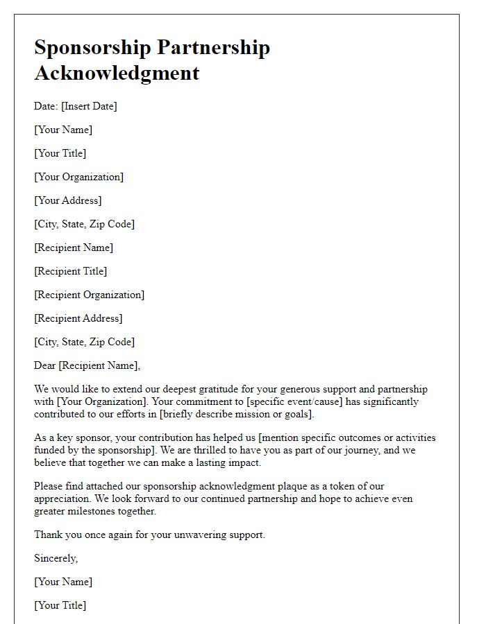 Letter template of sponsorship partnership acknowledgment