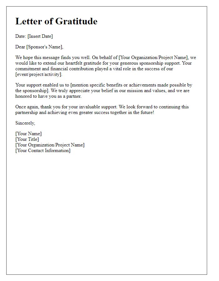 Letter template of Gratitude for Sponsorship Support