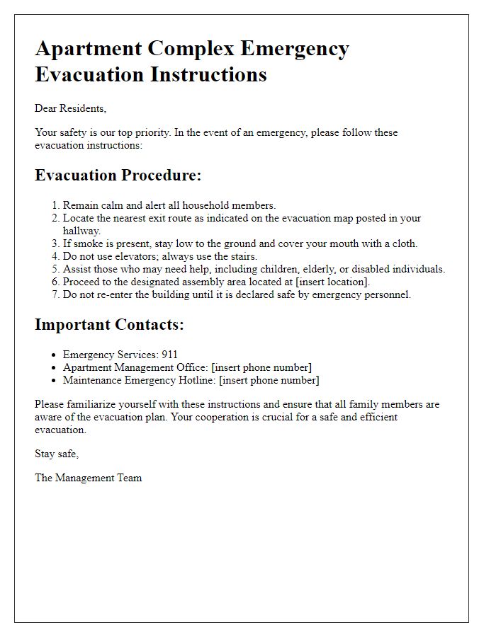 Letter template of Apartment Complex Emergency Evacuation Instructions