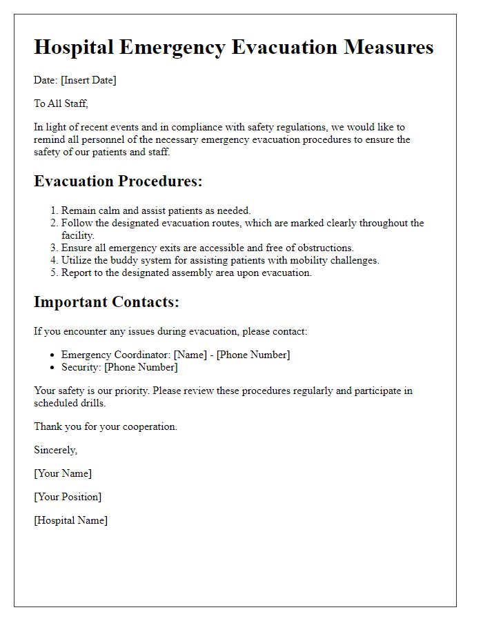 Letter template of Hospital Emergency Evacuation Measures