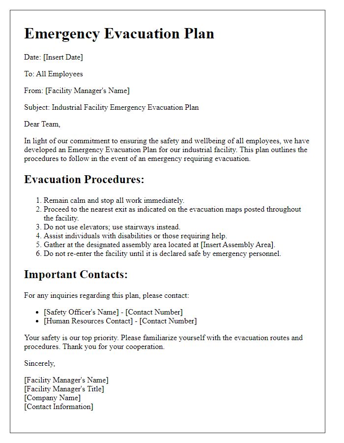 Letter template of Industrial Facility Emergency Evacuation Plan