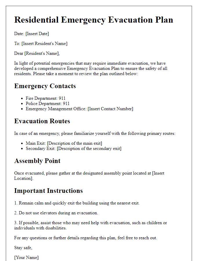 Letter template of Residential Emergency Evacuation Plan