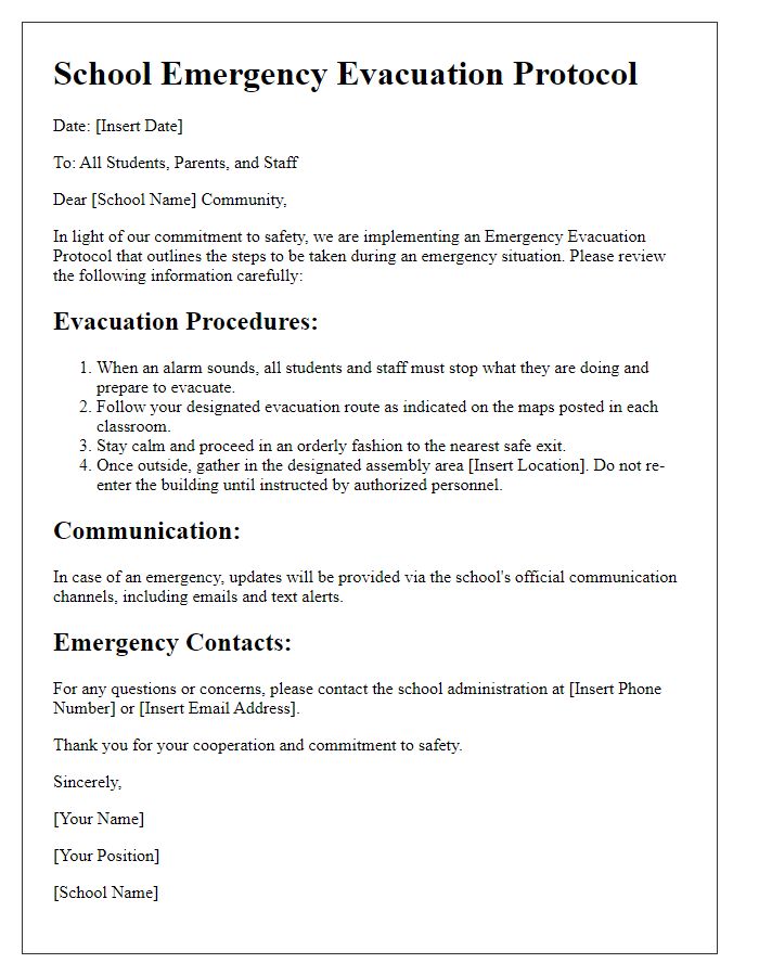 Letter template of School Emergency Evacuation Protocol