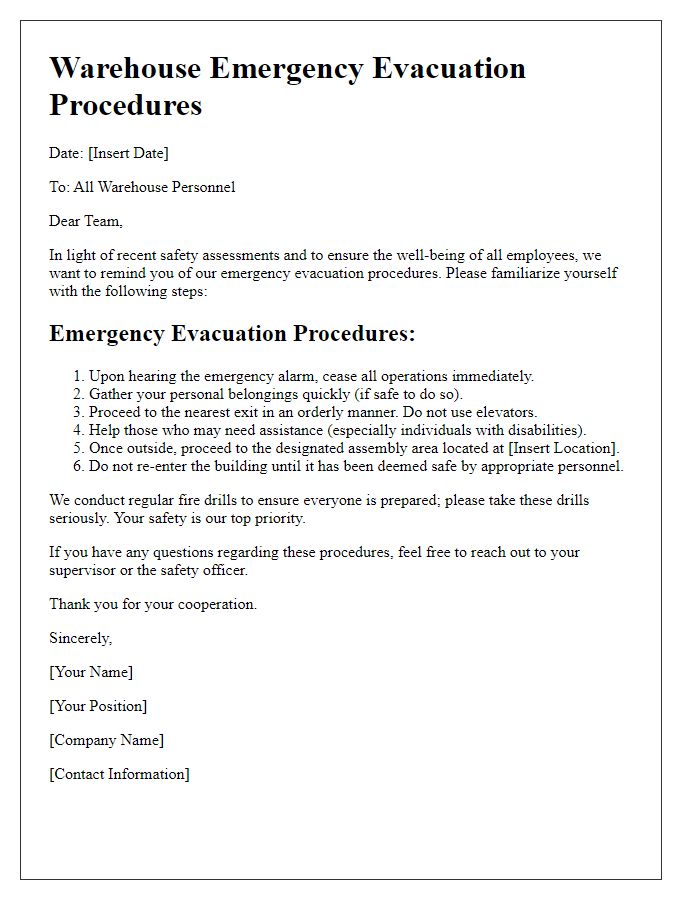 Letter template of Warehouse Emergency Evacuation Procedures