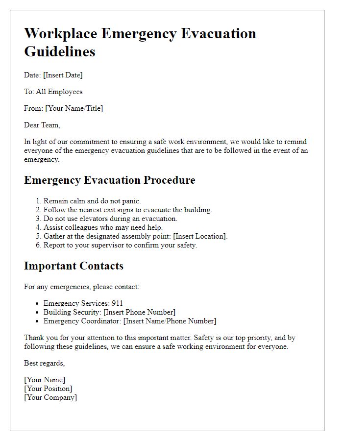 Letter template of Workplace Emergency Evacuation Guidelines