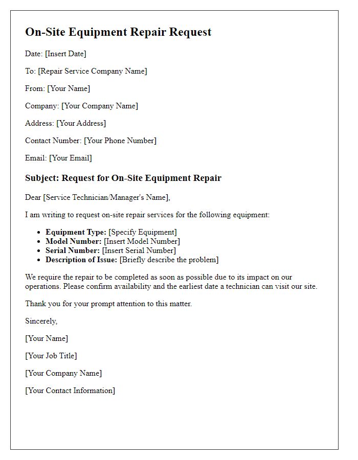 Letter template of on-site equipment repair request