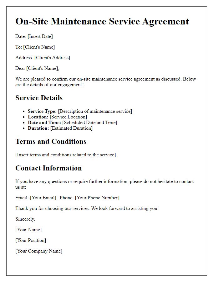 Letter template of on-site maintenance service