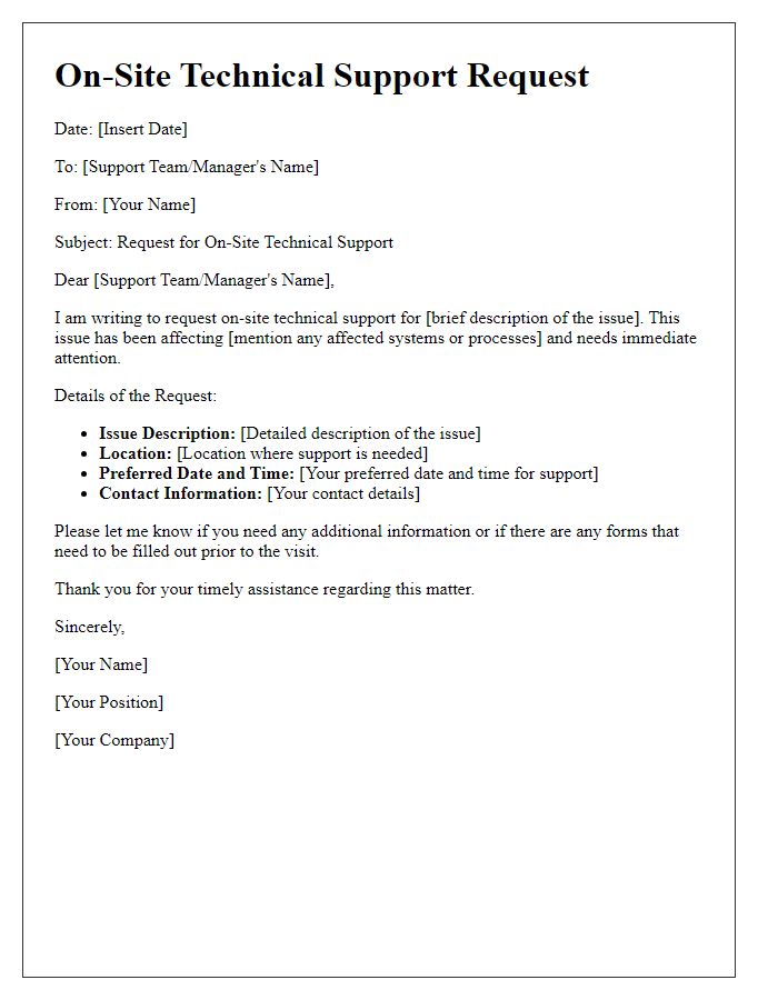 Letter template of on-site technical support request