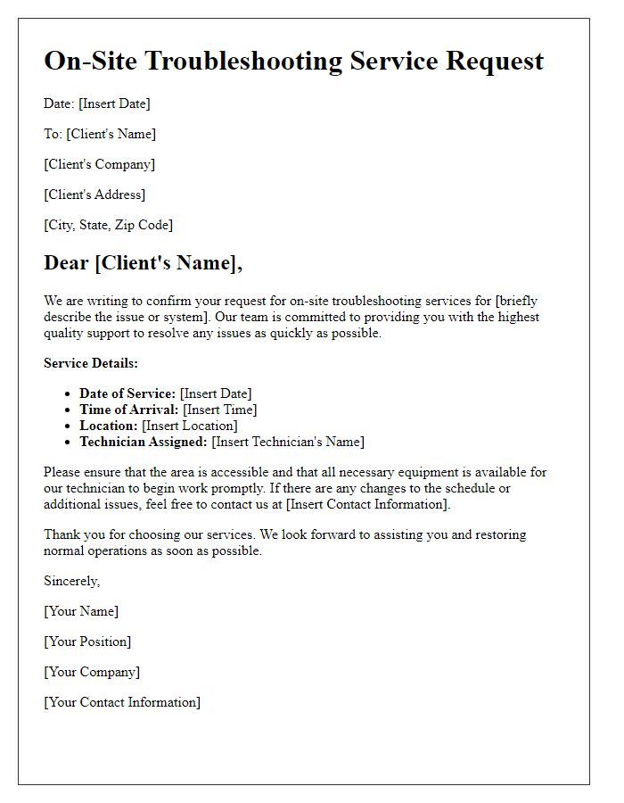 Letter template of on-site troubleshooting service