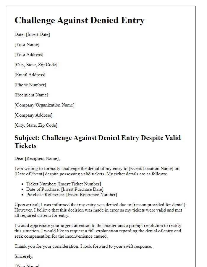 Letter template of challenge against denied entry despite valid tickets