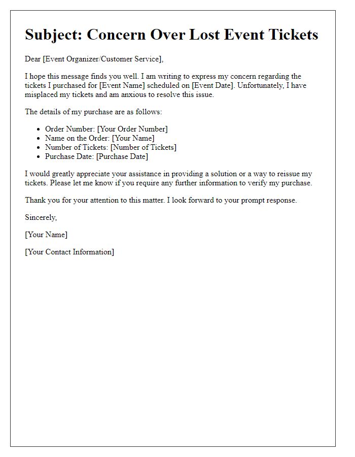 Letter template of concern over lost event tickets