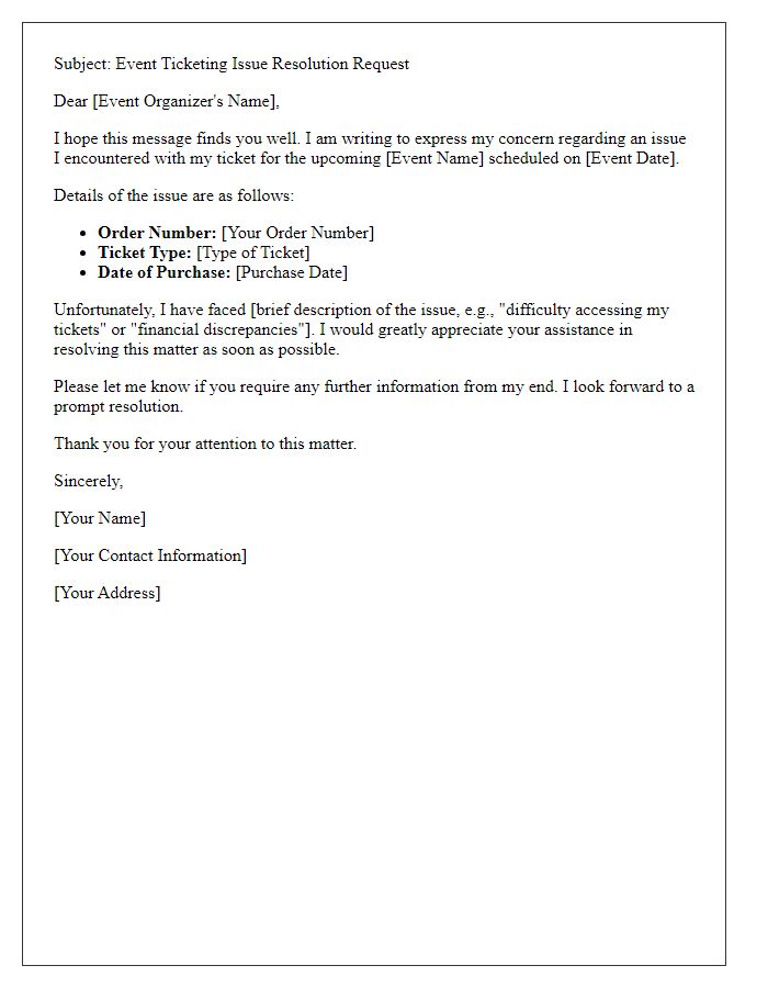 Letter template of event ticketing issue resolution request