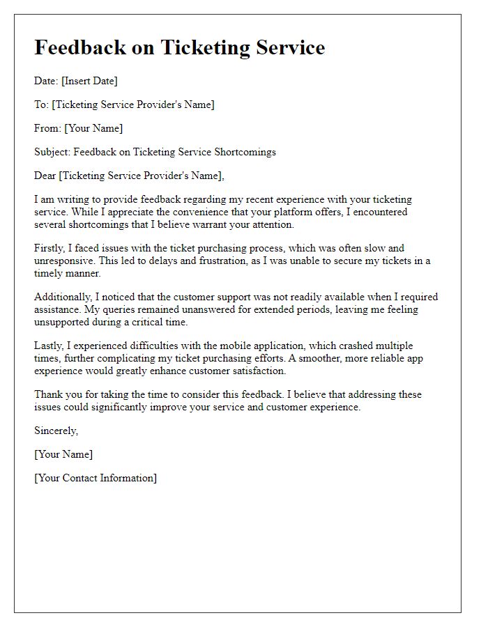 Letter template of feedback on ticketing service shortcomings