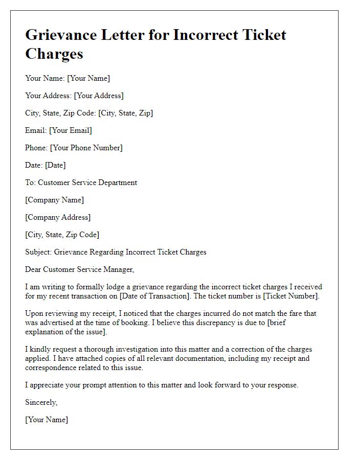 Letter template of grievance for incorrect ticket charges