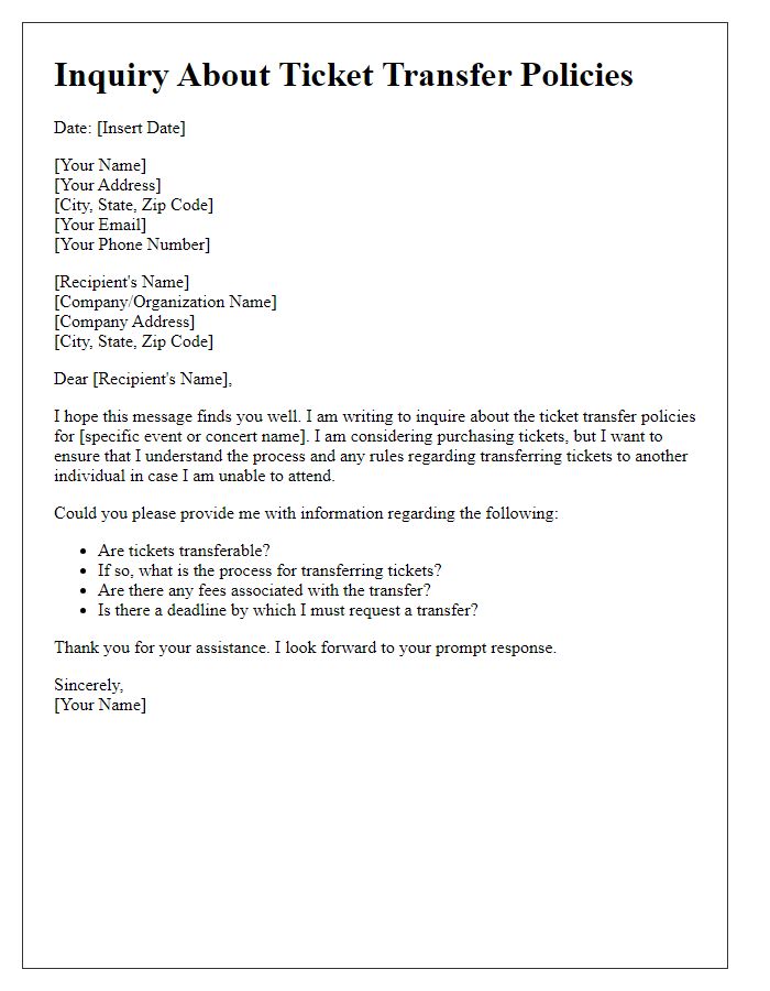 Letter template of inquiry about ticket transfer policies