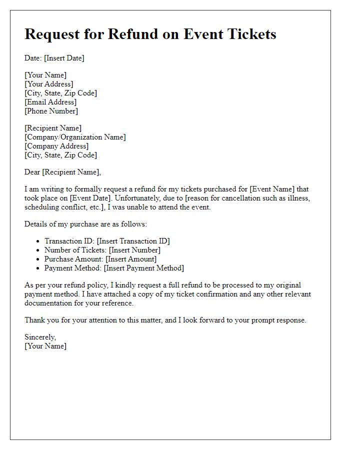 Letter template of request for refund on event tickets