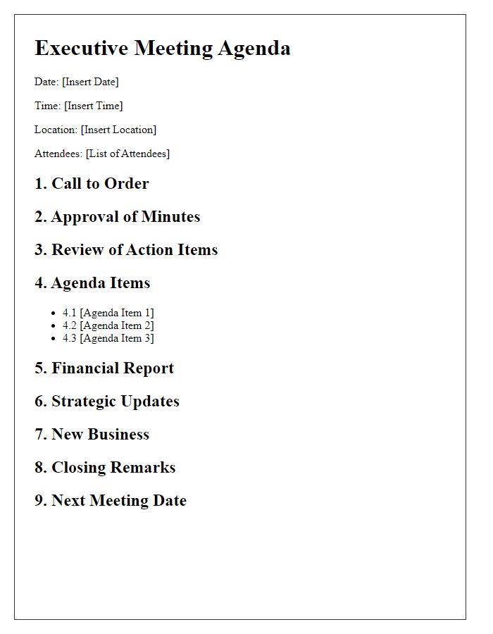 Letter template of agenda outline for executive meeting