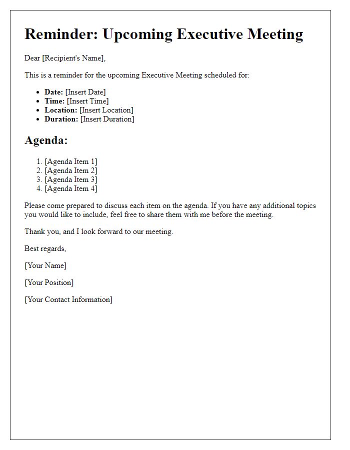 Letter template of agenda reminder for upcoming executive meeting