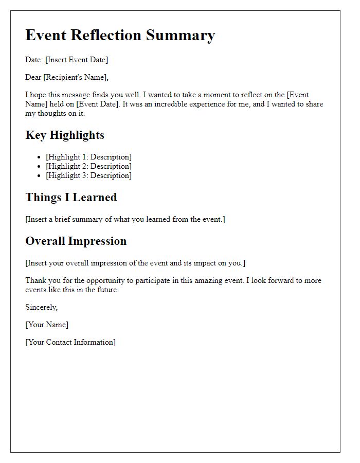 Letter template of event reflection summary