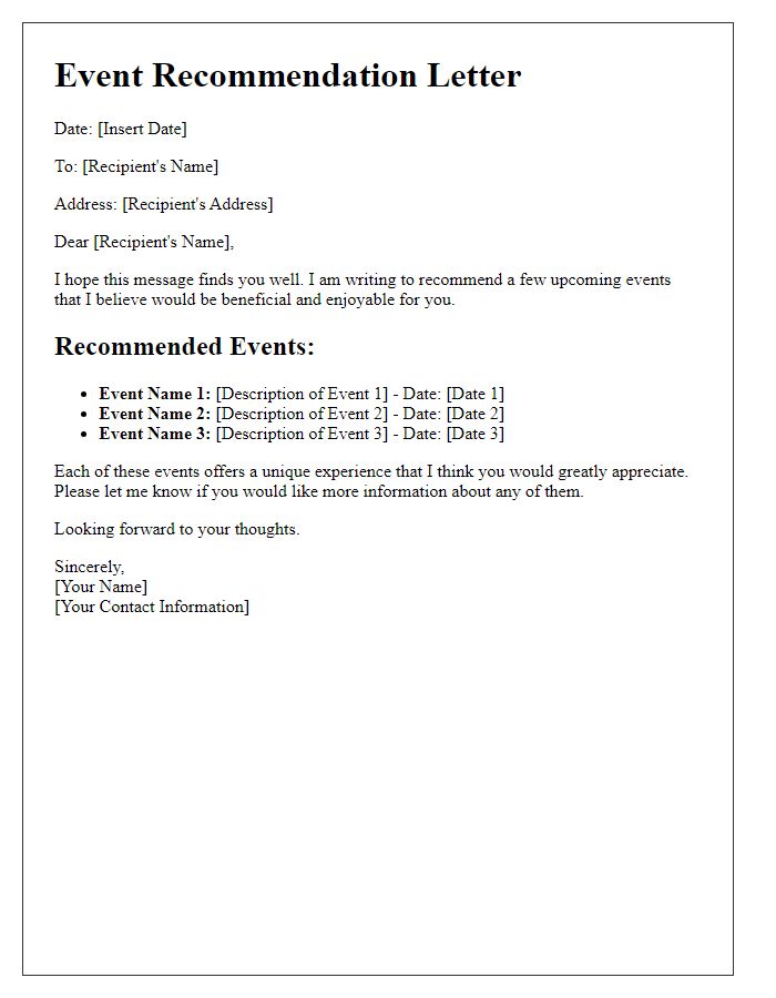 Letter template of future event recommendations