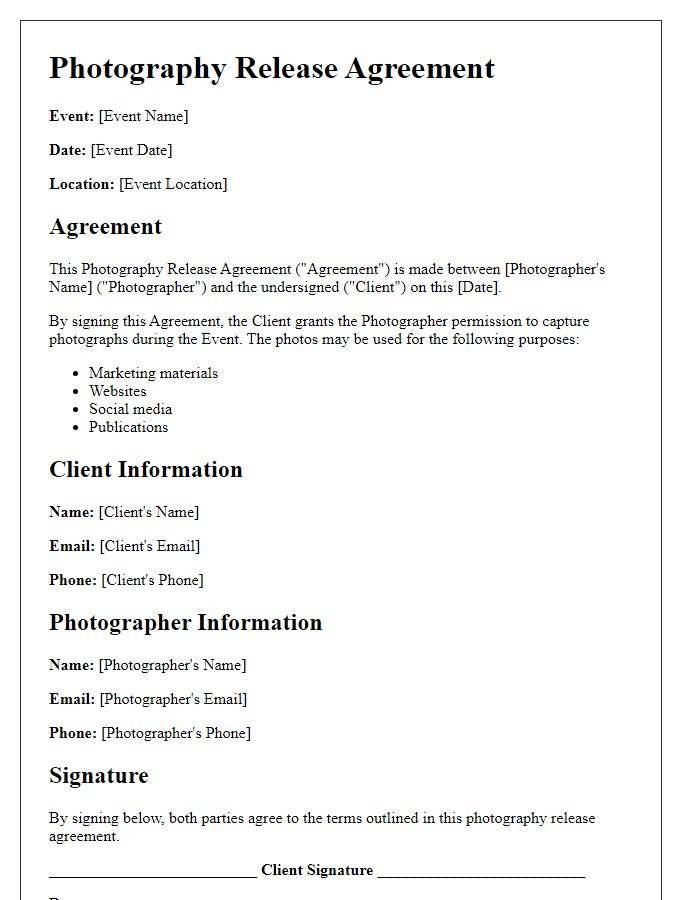 Letter template of Photography Release Agreement for Event Coverage