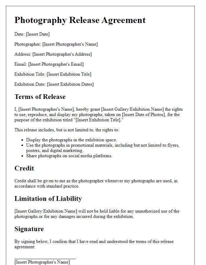 Letter template of Photography Release for Artistic Exhibitions