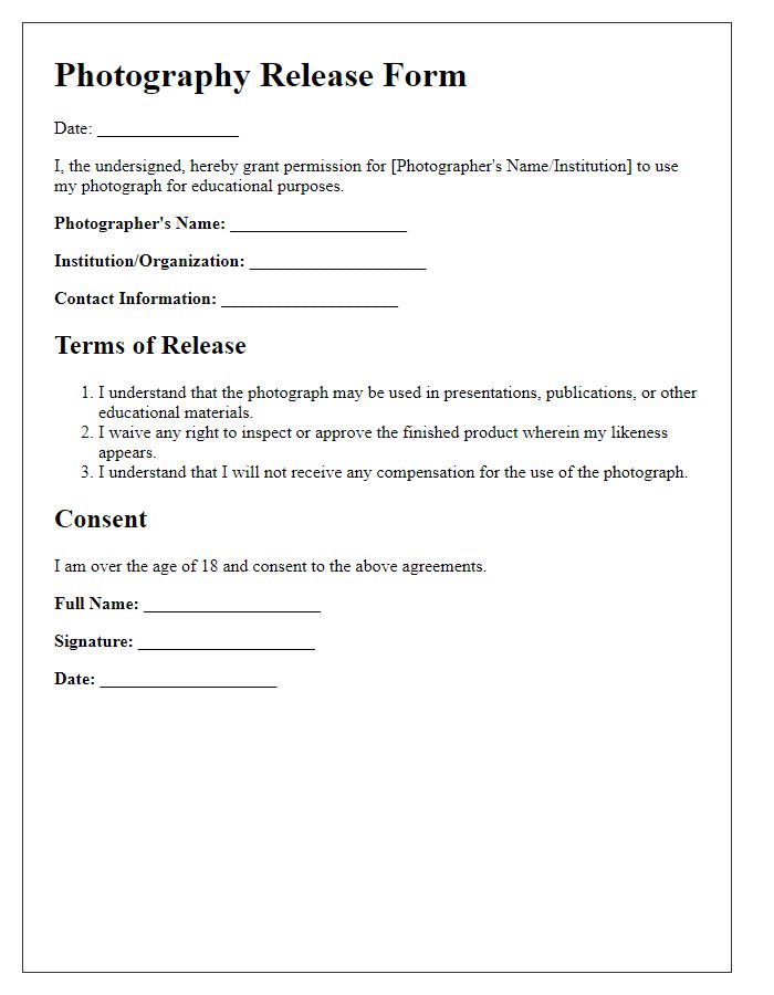 Letter template of Photography Release for Educational Purposes