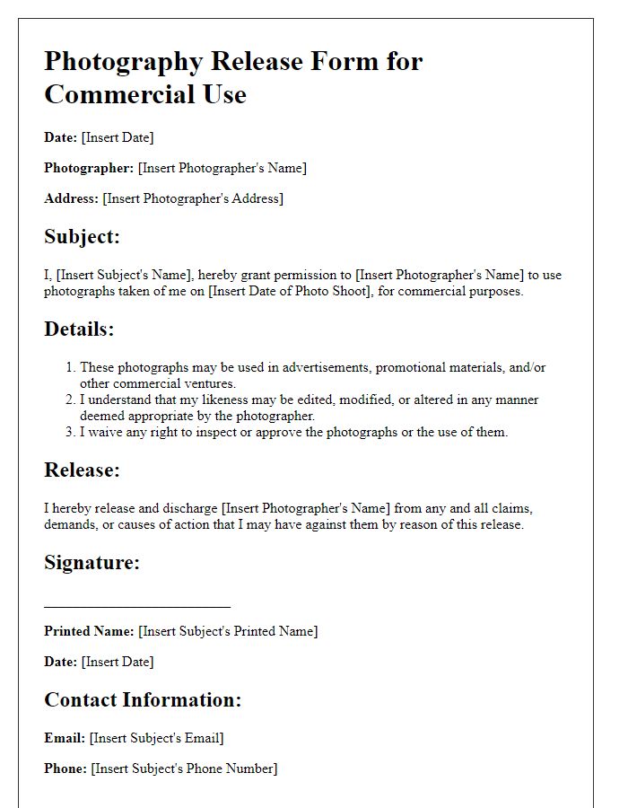 Letter template of Photography Release Form for Commercial Use