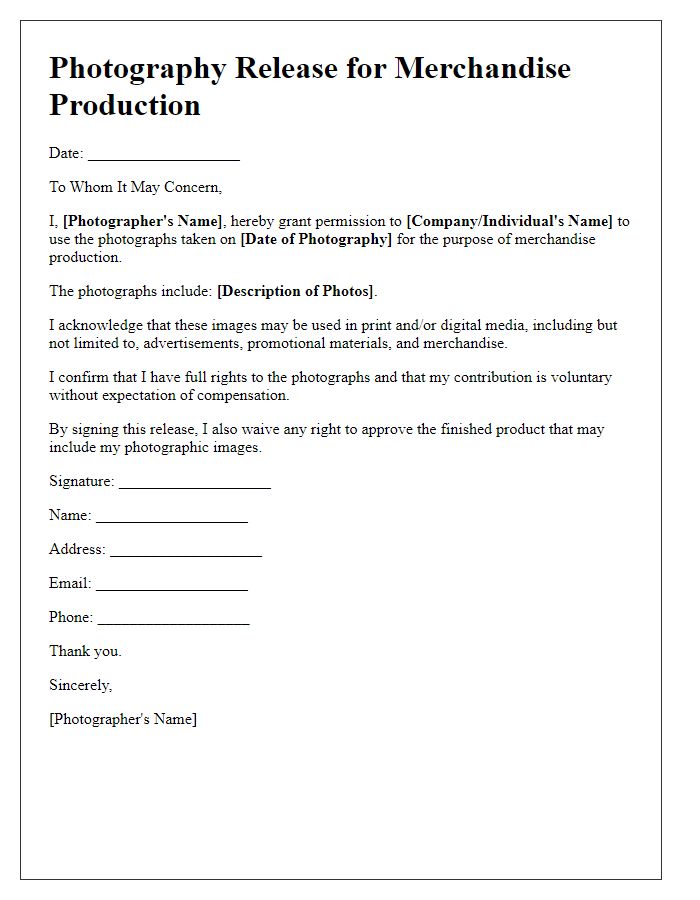 Letter template of Photography Release for Merchandise Production