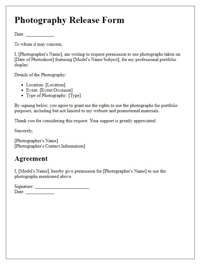 Letter template of Photography Release for Portfolio Display