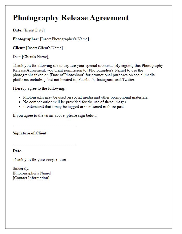 Letter template of Photography Release for Social Media Sharing