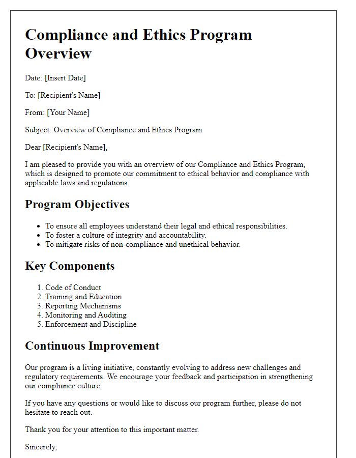 Letter template of Compliance and Ethics Program Overview