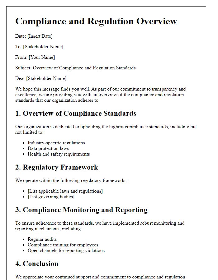 Letter template of Compliance and Regulation Overview for Stakeholders