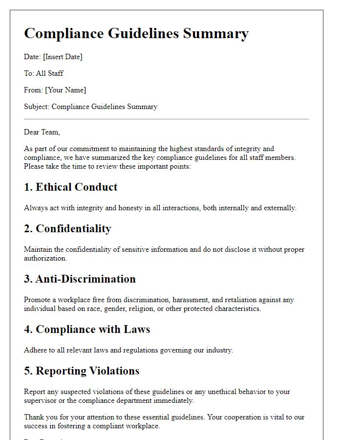 Letter template of Compliance Guidelines Summary for Staff