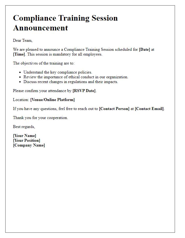 Letter template of Compliance Training Session Announcement