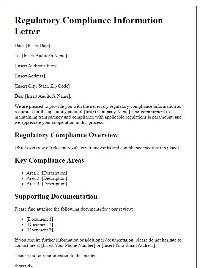 Letter template of Regulatory Compliance Information for Auditors