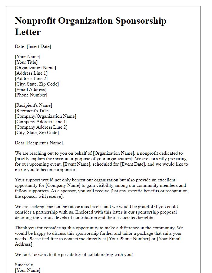 Letter template of nonprofit organization sponsorship letter