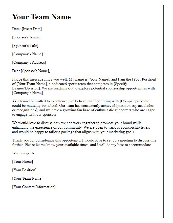 Letter template of sports team sponsorship inquiry