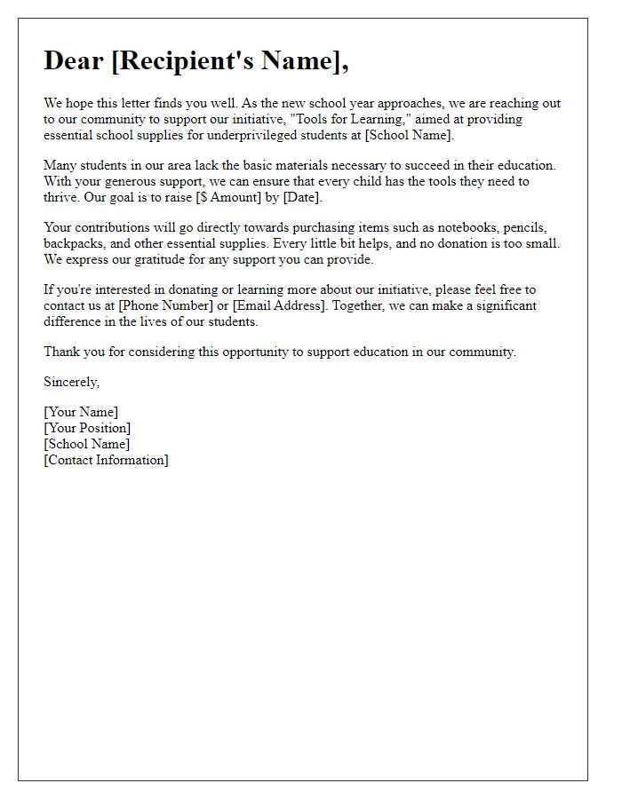 Letter template of fundraising letter for school supplies