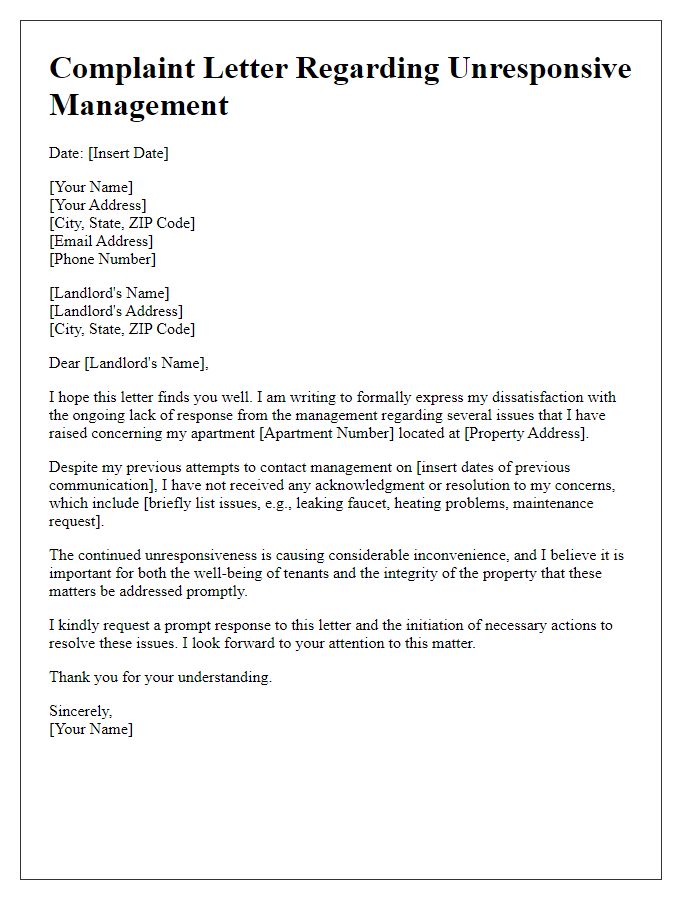 Letter template of complaint about unresponsive management to landlord.