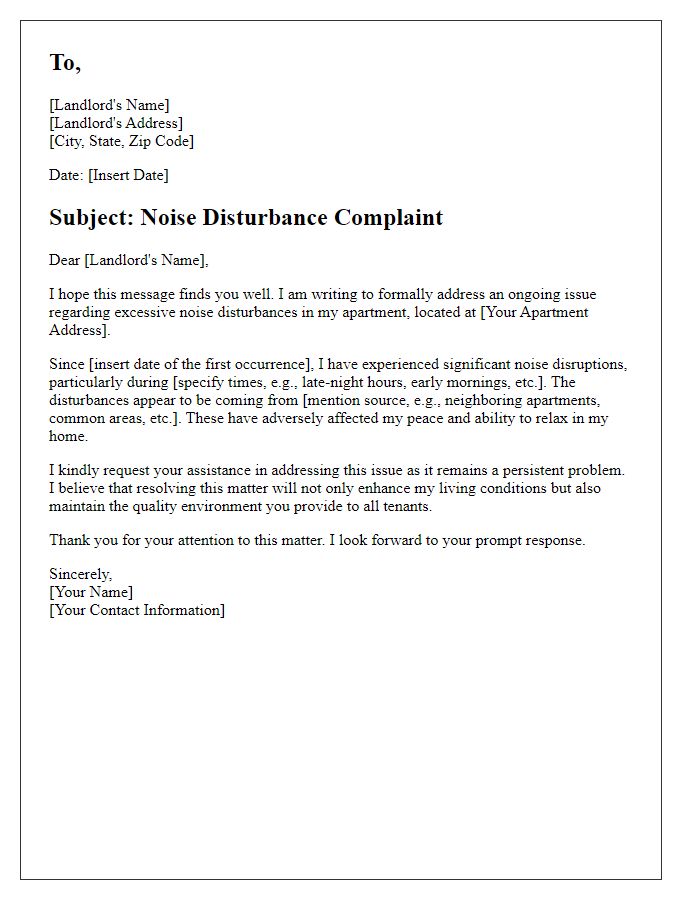 Letter template of complaint citing noise disturbances to landlord.