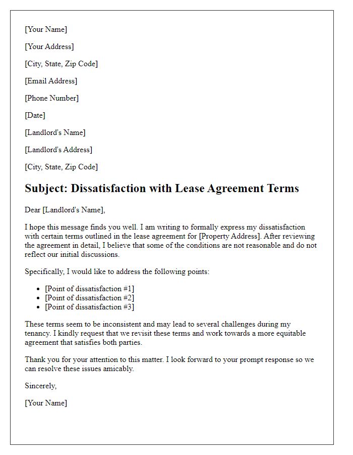 Letter template of dissatisfaction with lease agreement terms to landlord.