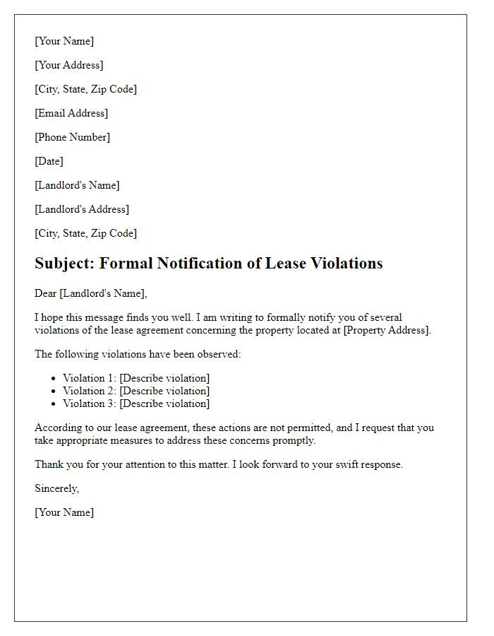 Letter template of formal notification of lease violations to landlord.