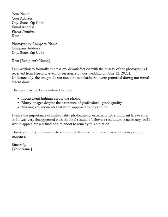 Letter template of complaint regarding photography quality.