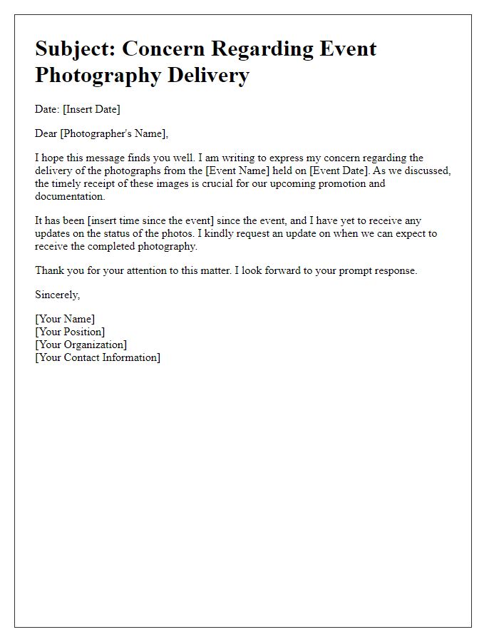 Letter template of concern over event photography delivery.