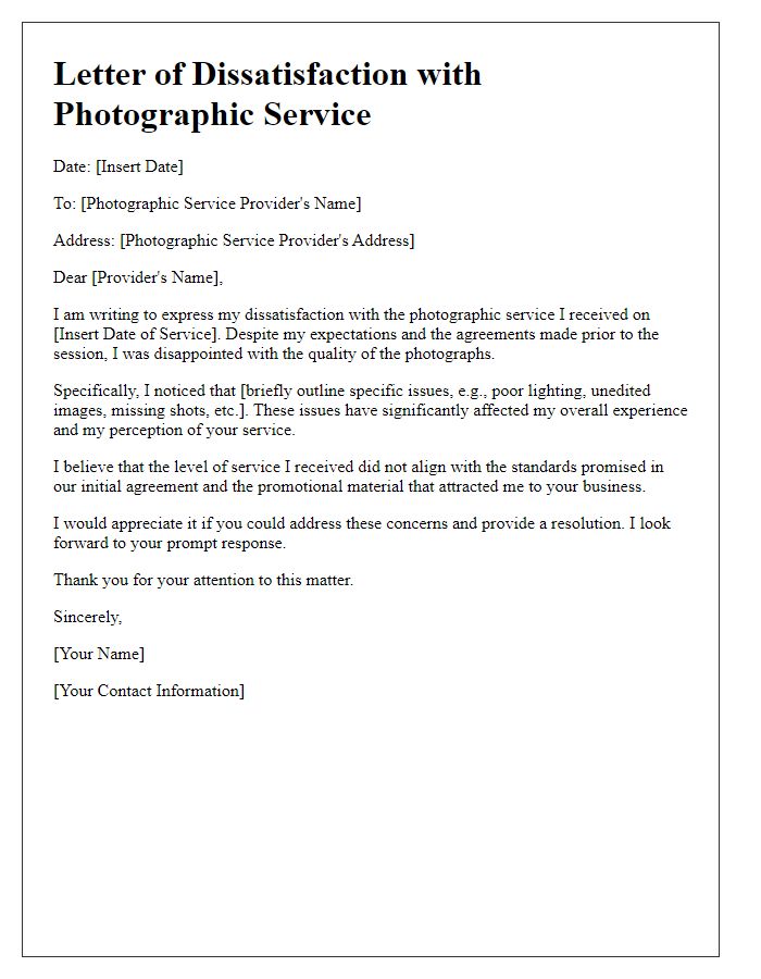 Letter template of dissatisfaction with photographic service.