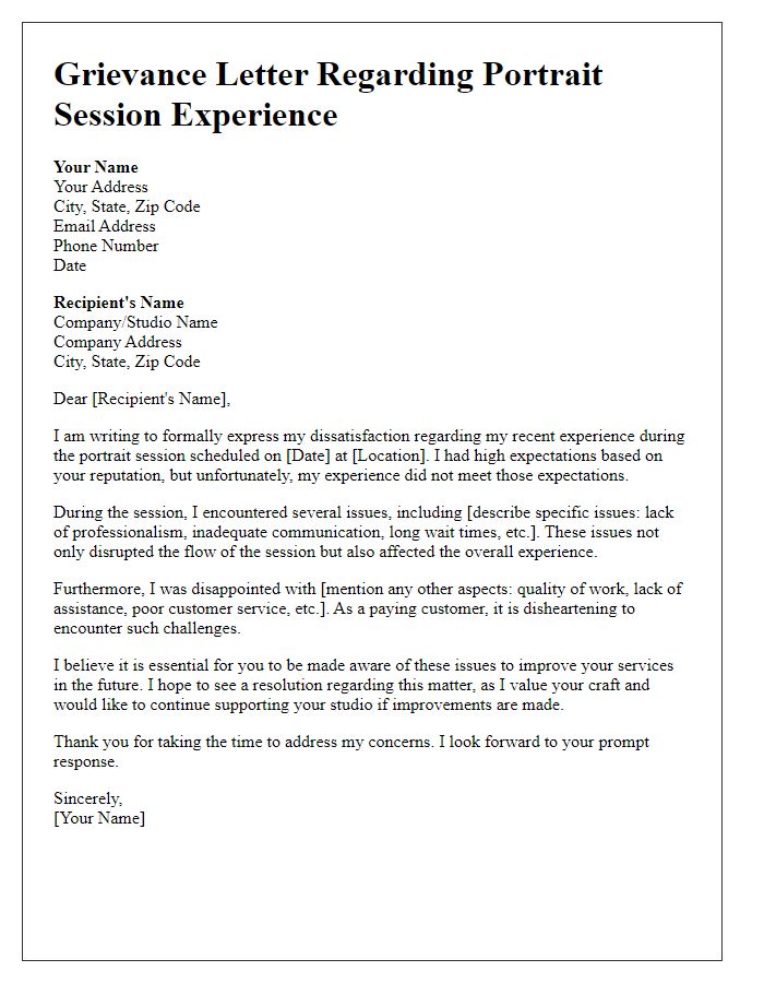 Letter template of grievance about portrait session experience.