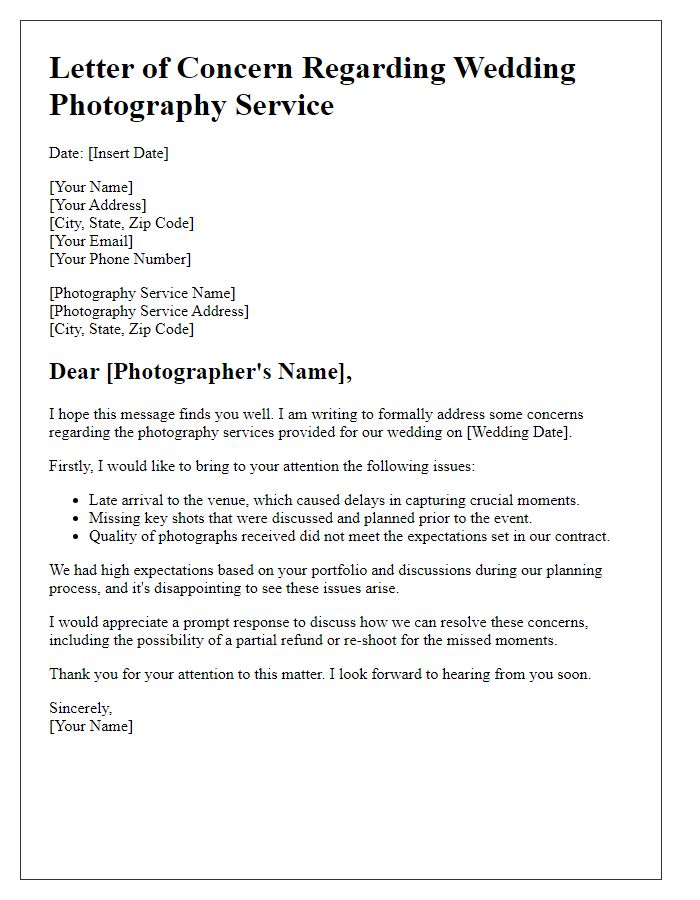 Letter template of issues with wedding photography service.