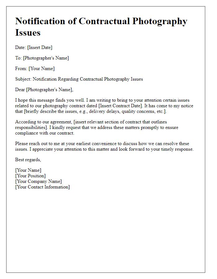 Letter template of notification for contractual photography issues.