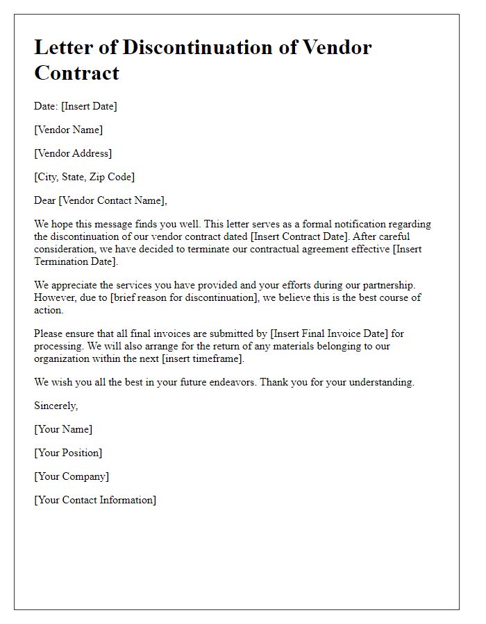 Letter template of discontinuation of vendor contract.